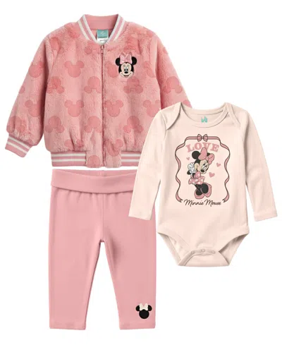 Disney Kids' Baby Girls' Minnie Mouse Faux-fur Long-sleeve 3-piece Set In Pink