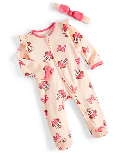 Disney Baby Girls Minnie Mouse Footed Coverall & Headband, 2 Piece Set In Orange