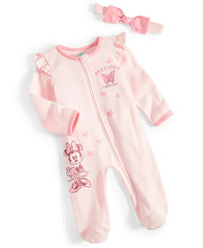 Disney Baby Girls Minnie Mouse Footed Coverall & Headband, 2 Piece Set In Pink