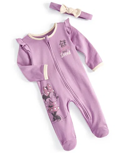 Disney Baby Girls Minnie Mouse Footed Coverall & Headband, 2 Piece Set In Purple