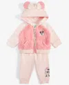 Disney Baby Girls Minnie Mouse Hooded Jacket, Bodysuit & Pants Set In Pink
