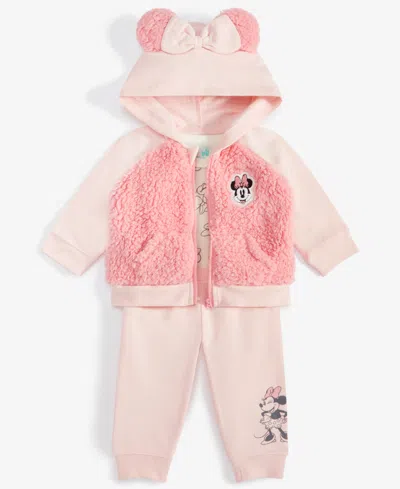 Disney Baby Girls Minnie Mouse Hooded Jacket, Bodysuit & Pants Set In Pink