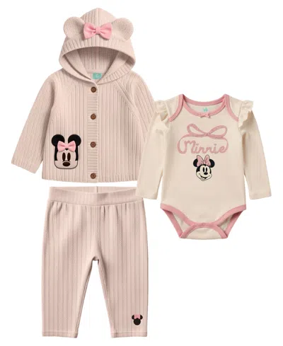 Disney Kids' Baby Girls' Minnie Mouse Hooded Long-sleeve Cotton-blend Sweater Jacket, Bodysuit And Pants, 3-piece In Light Coral