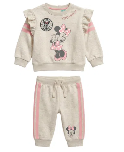 Disney Baby Girls' Minnie Mouse Long-sleeve Ruffle-shoulder Crewneck Sweatshirt And Jogger Pants, 2-piece S In Multi