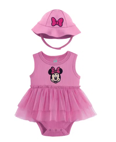 Disney Baby Girls' Minnie Mouse Print Bodysuit And Hat, 2-piece Set In Pink