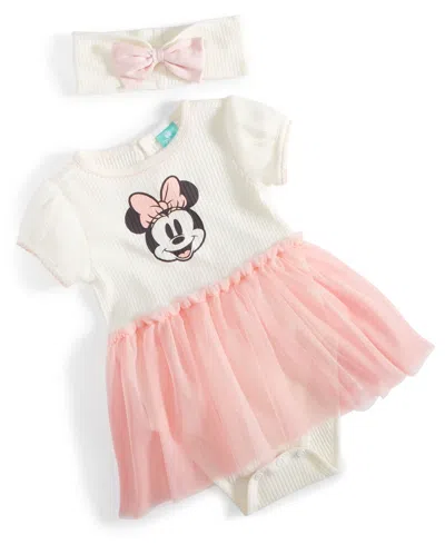 Disney Baby Girls Minnie Mouse Ribbed Bodysuit Tulle Dress & Headband, 2 Piece Set In White