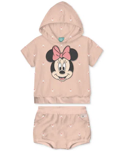 Disney Baby Girls Minnie Mouse Terry Hoodie & Shorts, 2 Piece Set In Peach