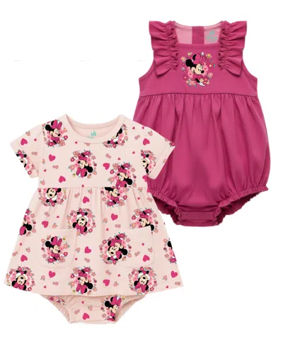 Disney Baby Girls' Minnie Print Romper, 2-pack In Pink