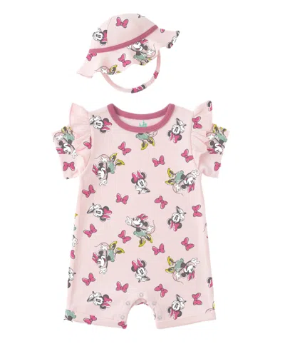 Disney Baby Girls' Minnie Print Romper And Hat, 2-piece Set In Pink
