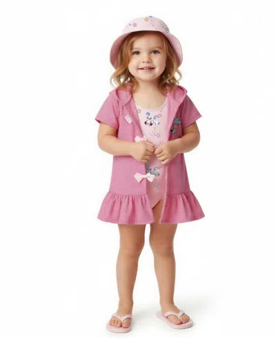 Disney Baby Girls' Minnie Short-sleeve Cover-up, Swimsuit And Bucket Hat, 3-piece Set In Pink