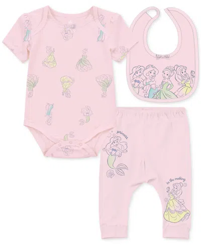 Disney Baby Girls Princesses Bodysuit, Pants & Bib, 3 Piece Set In Pink