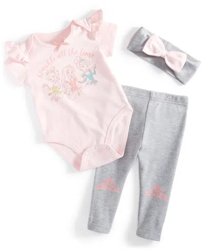 Disney Baby Girls Princesses Bodysuit, Pants & Headband, 3 Piece Set In Pink