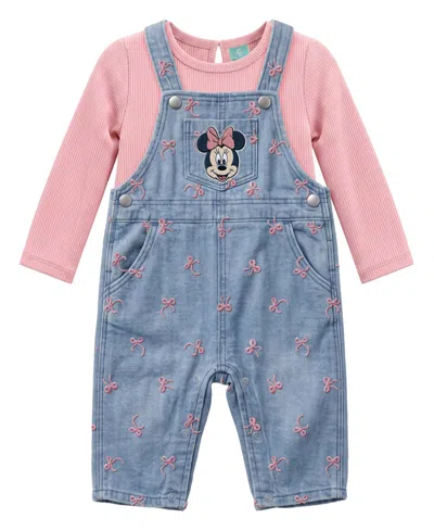 Disney Kids' Baby Girls' Ribbed Top And Minnie Mouse Embroidered Denim Overall, 2-piece Set In Multi