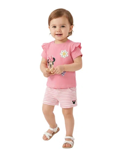 Disney Baby Girls' Short-sleeve T-shirt And Striped Shorts, 2-piece Set In Pink