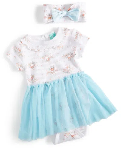 Disney Baby Girls Winnie-the-pooh Ribbed Bodysuit Tulle Dress & Headband, 2 Piece Set In White,blue
