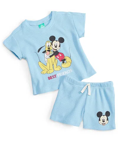 Disney Baby Mickey Mouse & Pluto 2-pc. Waffle-knit Graphic T-shirt & Shorts Set In Navy