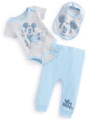 Disney Baby Mickey Mouse Bib, Bodysuit And Pants, 3 Piece Set In Blue