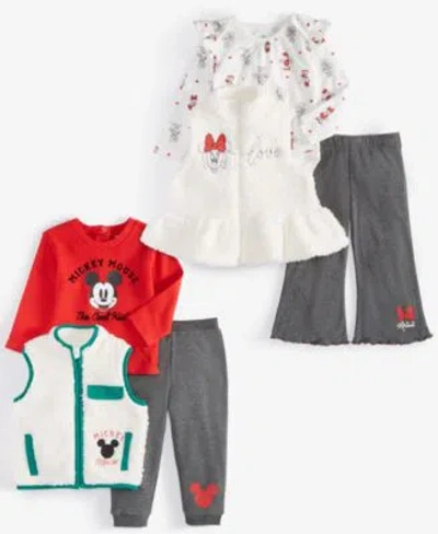 Disney Baby Mickey Mouse Faux Fur Vest T Shirt Jogger Pants Set Minnie Mouse Faux Fur Vest Bodysuit Flared  In Multi