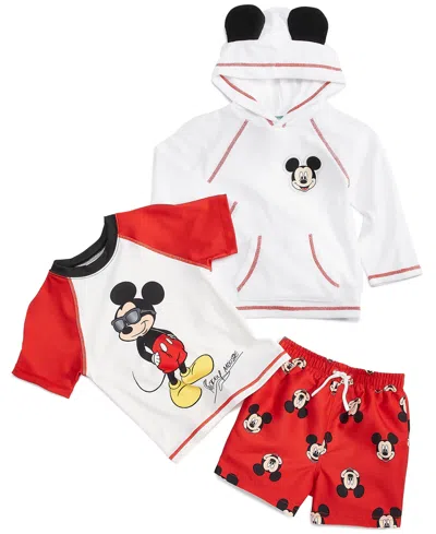 Disney Baby Mickey Mouse Hooded Terry Coverup, Rash Guard & Swim Trunks, 3 Piece Set In Red