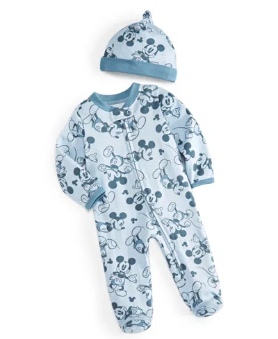 Disney Baby Mickey Mouse Hooray Footed Coverall & Hat, 2 Piece Set In Bright Blue