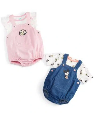 Disney Baby Mickey Mouse Minnie Mouse Top Woven Denim Shortall 2 Piece Sets In Pink