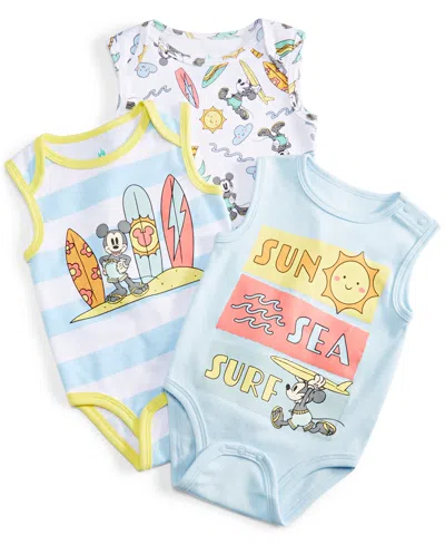 Disney Baby Mickey Mouse Surf Bodysuits, Pack Of 3 In Blue Multi