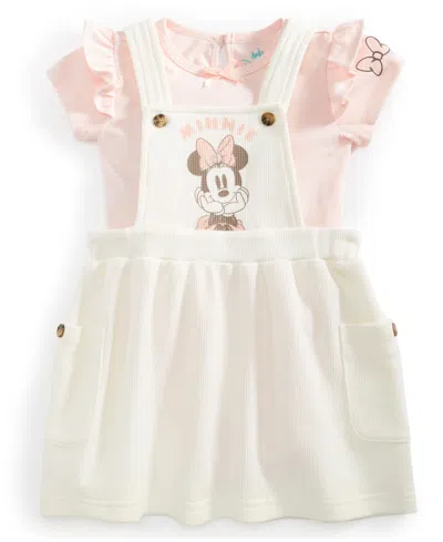 Disney Baby Minnie Mouse 2-pc. Printed Waffle-knit Jumper & Ruffle-trim Bodysuit Set In White