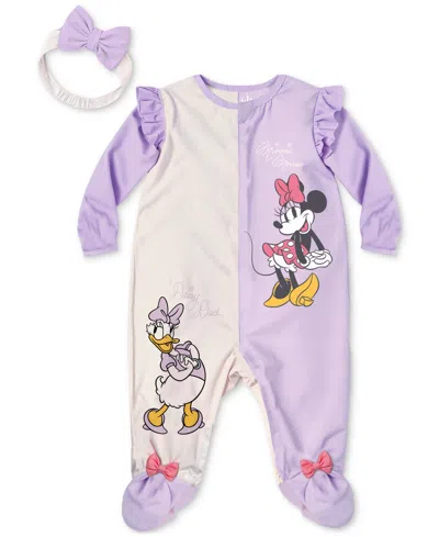 Disney Baby Girls Minnie Mouse & Daisy Duck Headband & Footed Coverall, 2 Piece Set In Purple