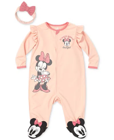 Disney Baby Girls Minnie Mouse Headband & Footed Coverall, 2 Piece Set In Peach