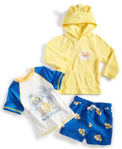 Disney Baby The Lion King 3-pc. Printed Swim T-shirt, Swim Trunks & Hooded Swim Cover-up Set In Light Yellow