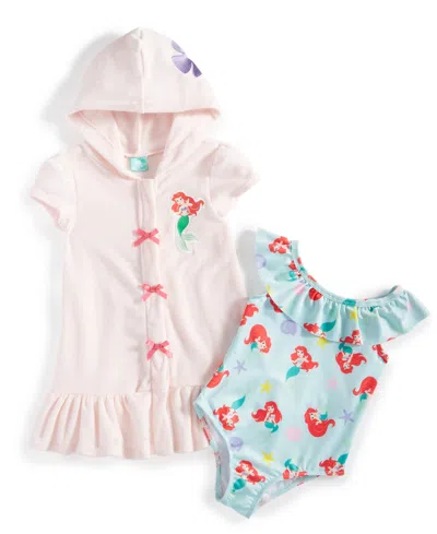 Disney Baby The Little Mermaid 2-pc. Printed One-piece Swimsuit & Hooded Swim Cover-up Set In Pink