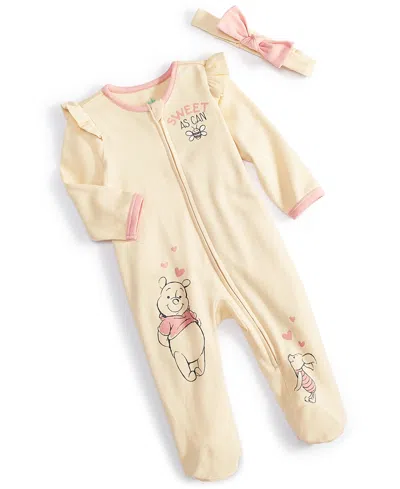 Disney Baby Winnie-the-pooh Footed Coverall & Headband, 2 Piece Set In Light Yellow