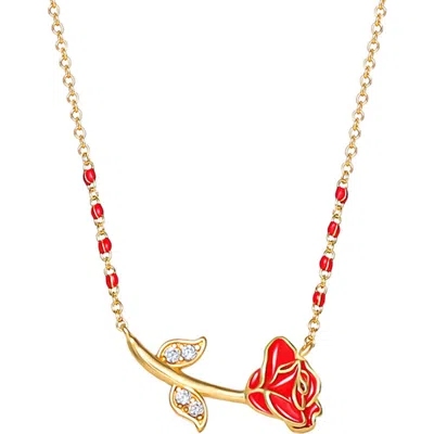 Disney Beauty And The Beast Red Enamel Rose Necklace For Women 17" In Gold