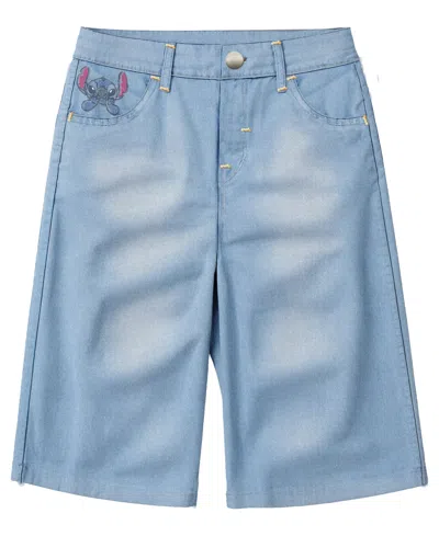 Disney Kids' Big Girls Stitch Embroidered Long Denim Shorts