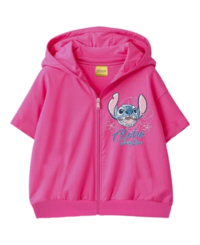 Disney Kids' Big Girls Stitch Short Sleeve Embroidered Chief Value Cotton French Terry Hoodie