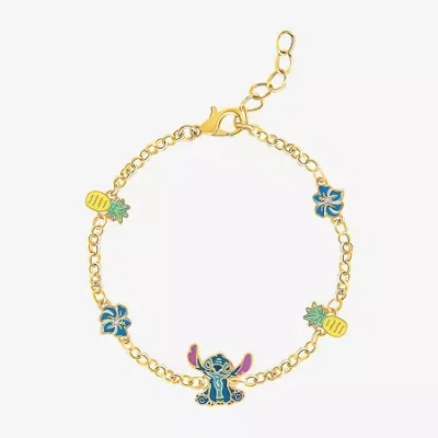 Disney Classics Womens Crystal 18k Gold Over Brass Flower Lilo & Stitch Charm Bracelet