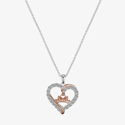 Disney Classics Womens Cubic Zirconia Pure Silver Over Brass Crown Heart 16 Inch Pendant Necklace