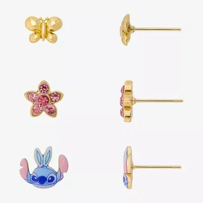 Disney Classics Womens Pink Cubic Zirconia 10k Gold Over Brass Butterfly Flower Lilo & Stitch Stitch 3 Pair Earring  In Yellow