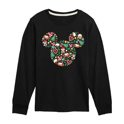 Disney Kids' Collection Boys Crew Neck Long Sleeve Mickey Mouse Graphic T-shirt In Black