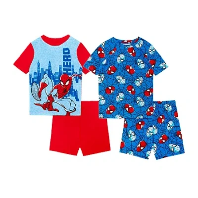 Disney Kids' Collection Boys Marvel Spiderman Crew Neck Short Sleeve 4-pc. Pajama Set In Blue