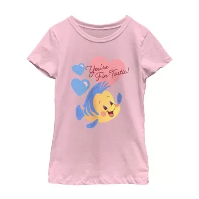Disney Collection Flounder Little & Big Kid Girls Crew Neck Short Sleeve The Little Mermaid Graphic T-shirt In Pink