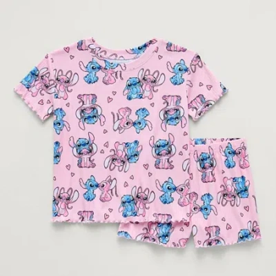 Disney Kids' Collection Girls Lilo & Stitch Rib Crew Neck Short Sleeve 2-pc. Pajama Set In Pink