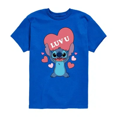 Disney Collection Little & Big Kid Boys Crew Neck Short Sleeve Lilo & Stitch Graphic T-shirt In Blue