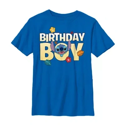 Disney Collection Little & Big Kid Boys Crew Neck Short Sleeve Regular Fit Lilo & Stitch Graphic T-shirt In Blue