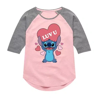 Disney Collection Little & Big Kid Girls Crew Neck 3/4 Sleeve Lilo & Stitch Graphic T-shirt In Multi