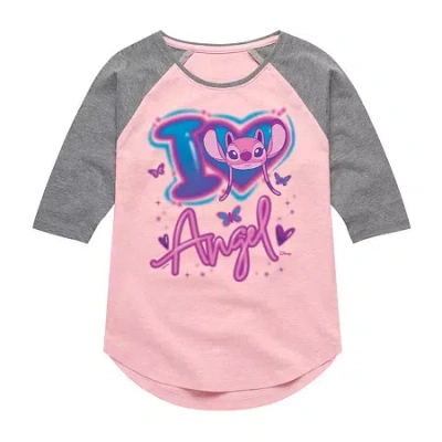 Disney Collection Little & Big Kid Girls Crew Neck 3/4 Sleeve Lilo & Stitch Graphic T-shirt In Multi