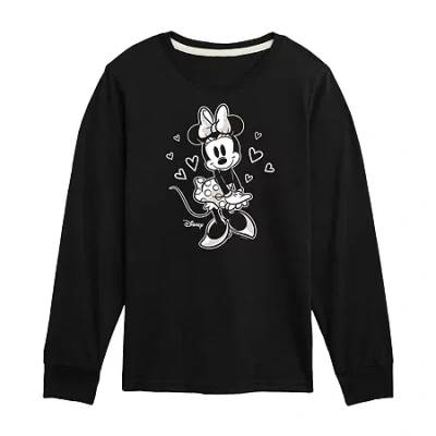 Disney Collection Little & Big Kid Girls Crew Neck Long Sleeve Regular Fit Minnie Mouse Graphic T-shirt In Black