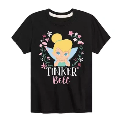 Disney Collection Little & Big Kid Girls Crew Neck Long Sleeve Regular Fit Tinker Bell Graphic T-shirt In Animal Print