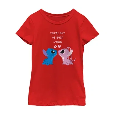 Disney Collection Little & Big Kid Girls Crew Neck Short Sleeve Lilo & Stitch Graphic T-shirt In Red