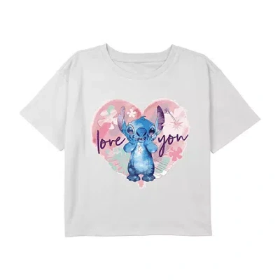 Disney Collection Little & Big Kid Girls Crew Neck Short Sleeve Lilo & Stitch Graphic T-shirt In White